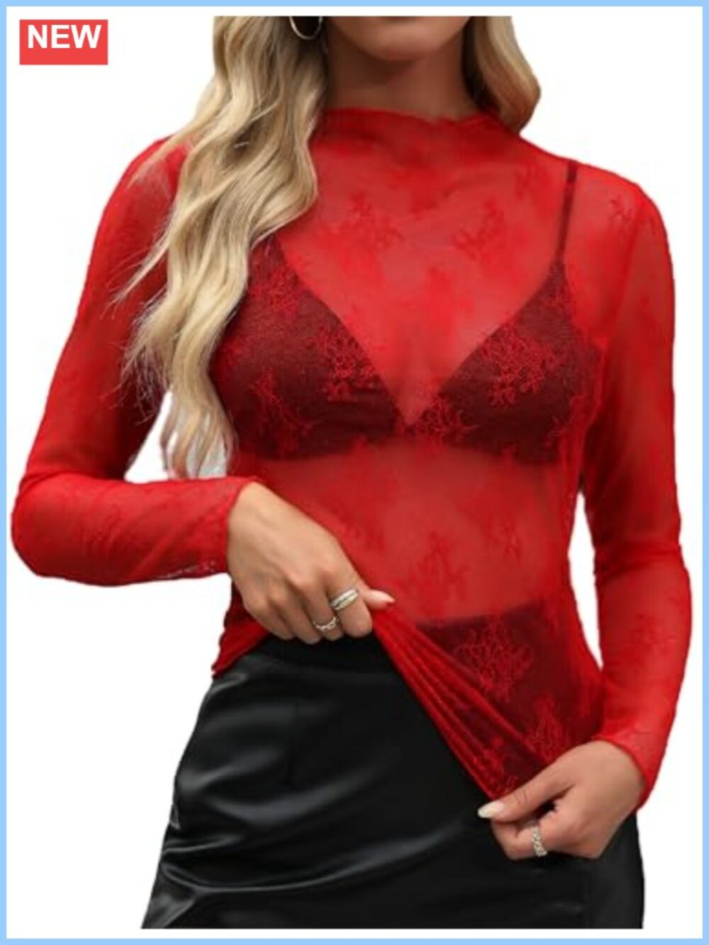 Sheer Mesh Lace Mock Neck Long Sleeve Top
